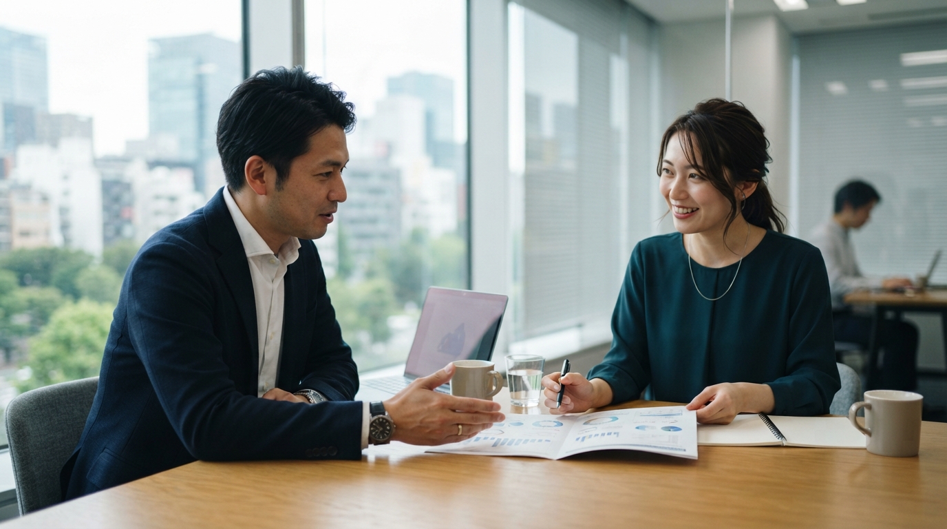 AIO対策の依頼先を検討する日本人の経営者と担当者