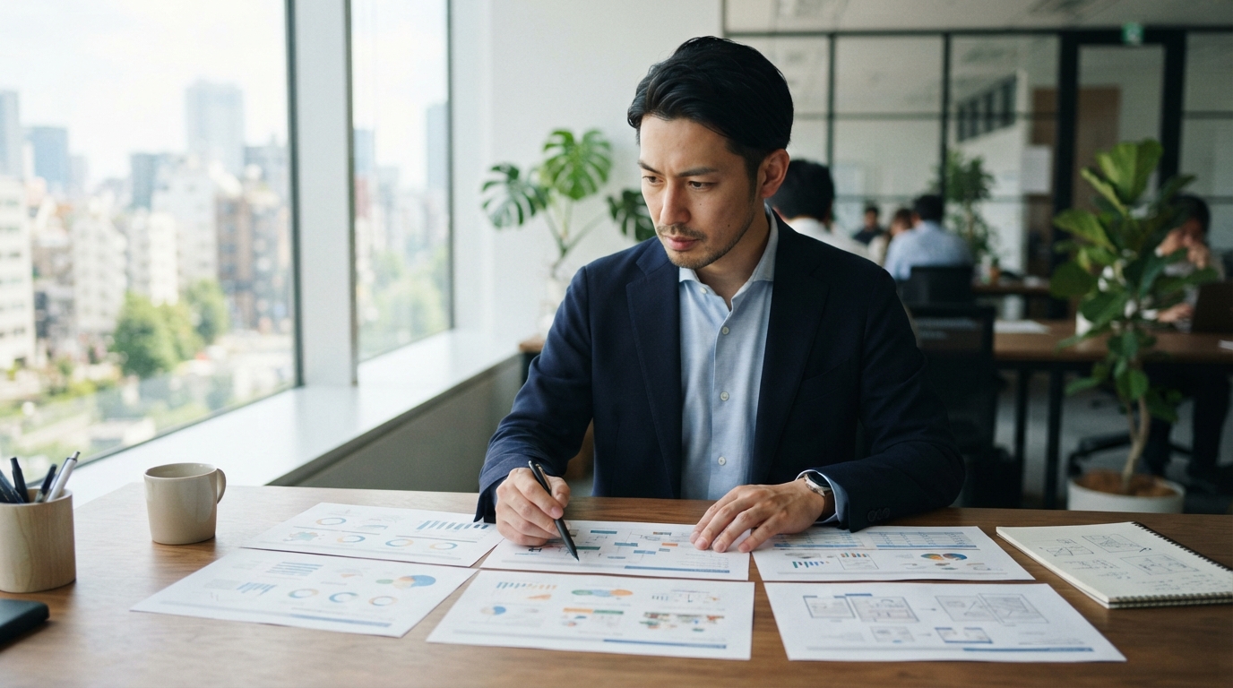 複数社の提案書を見比べる日本人の担当者