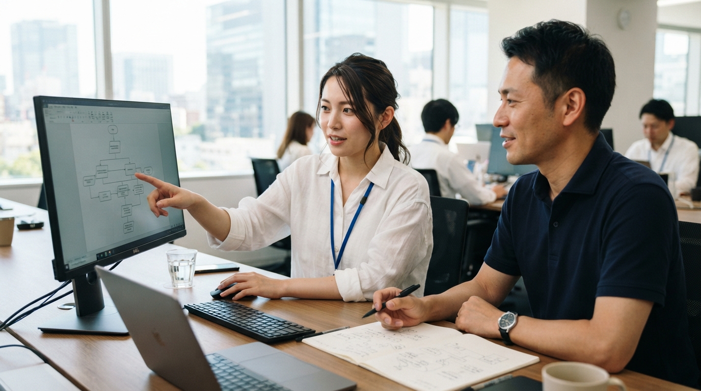 AI開発の要件を話し合う日本人の事業担当者とエンジニア