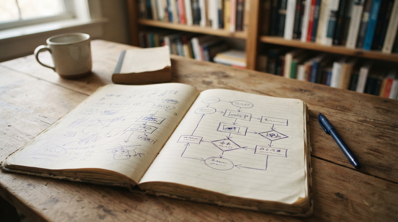 開発の流れを書き出したホワイトボード風のノート